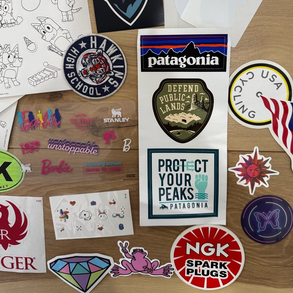 Patagonia + Barbie + Bluey Stickers, Various Stickers + Patches